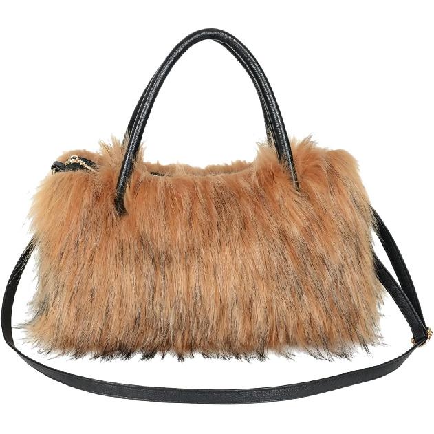 Women Furry Fur Purses Faux Fur Shoulder Handbags Fluffy Tote Bag | Black Plush Purse Brown Cute Fur Clutch Bag Red Grey Fashion Fuzzy Bag for Women