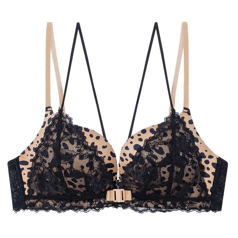 

8 French front buckle underwear women s thin big breasts show small sexy leopard print bra without steel ring pure lace beautiful back 70