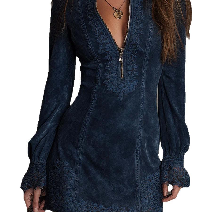 In-Stock 2025 Long-Sleeve Lace-Trimmed Slim Fit Midi Dress for Women