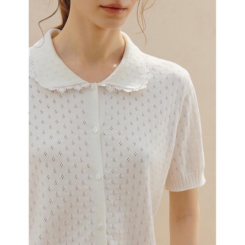 INMAN Women's Lace-Trimmed Peter Pan Collar Short Sleeve Knit Cardigan
