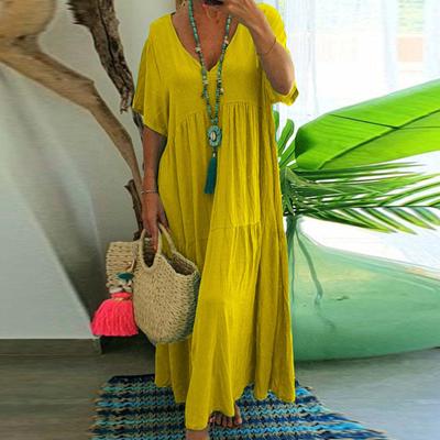 Women Maxi Dress Pleated V Neck Vintage Short Sleeves Patchwork Loose Hem Soft Solid Color Lady Summer Dress