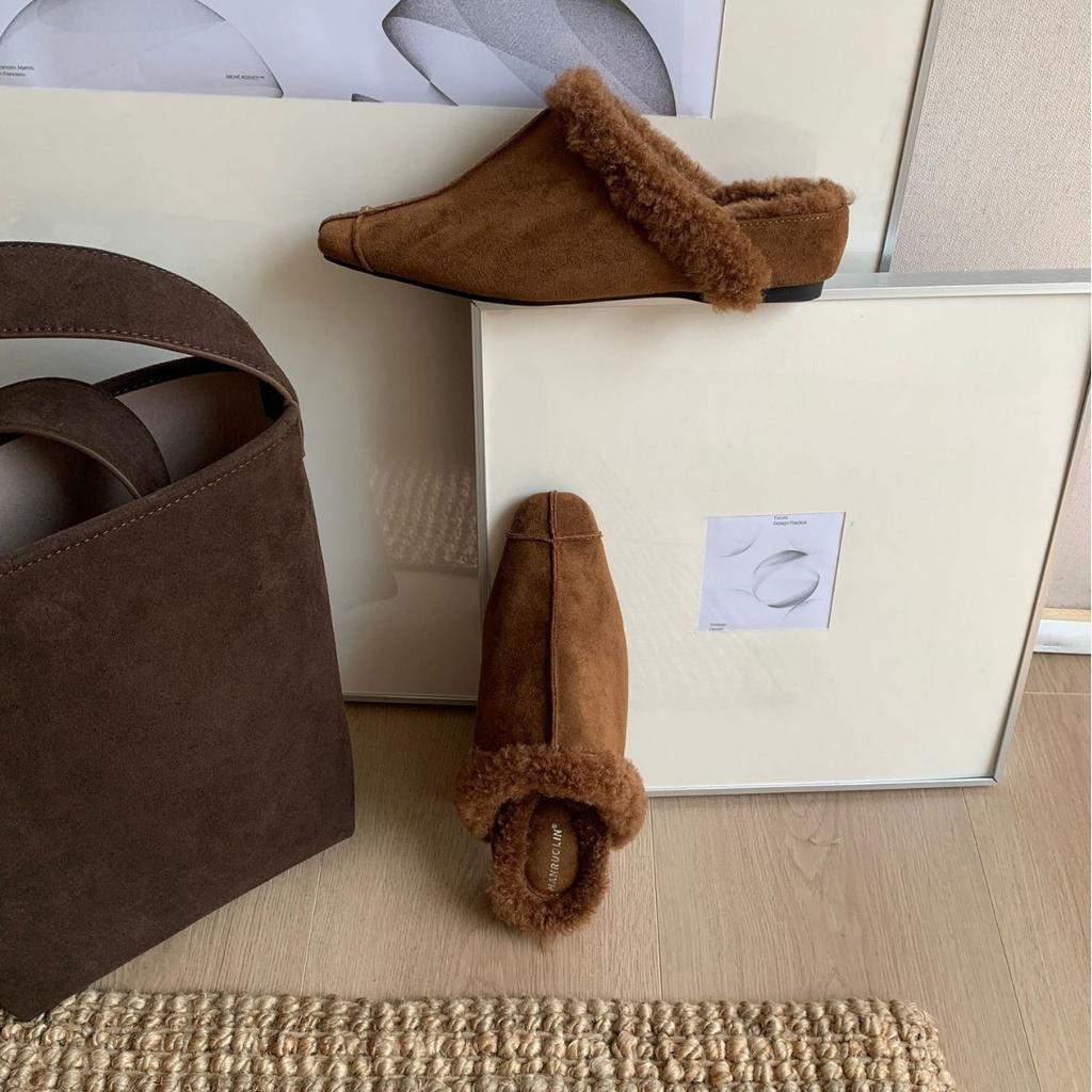 2025 Autumn and Winter New Square Head Thick-soled Outer Wear Half-drag Hairy Lazy Women Warm Trendy Shoes