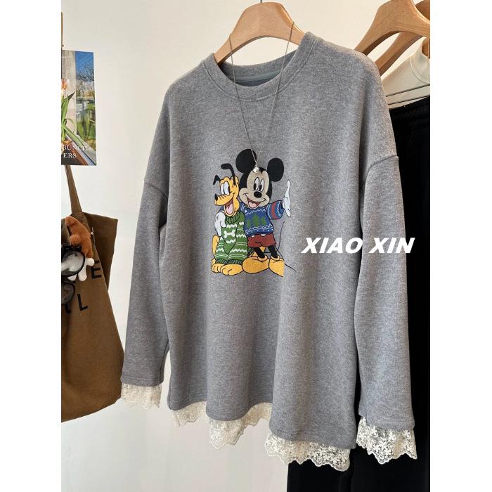 

Cartoon Print Lace Trim Brushed Warm Plus Size Autumn/Winter T-shirt for Women M світло-сірий колір