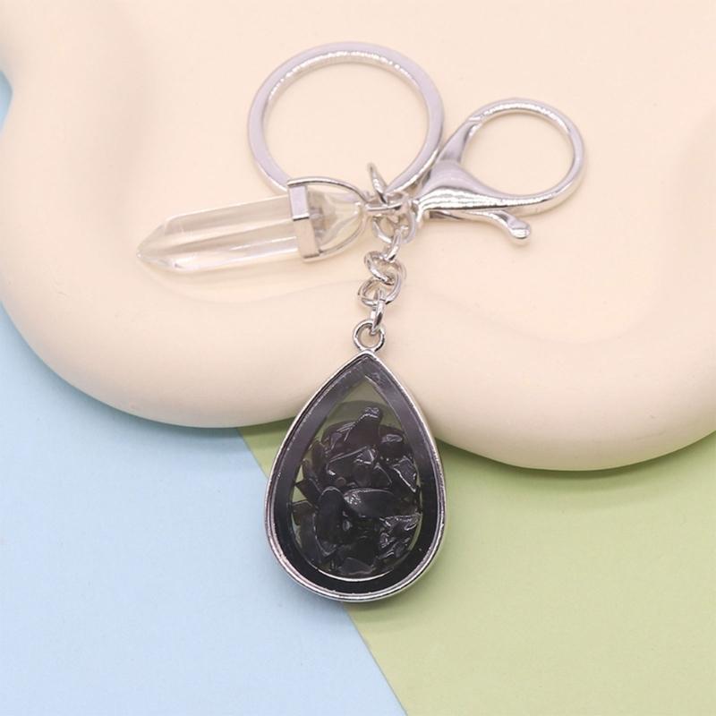 Natural Stone Crystals Teardrop Shape Photo Locket Keychain Featuring Diamonds Cut Designs for Sentimental Gifts
