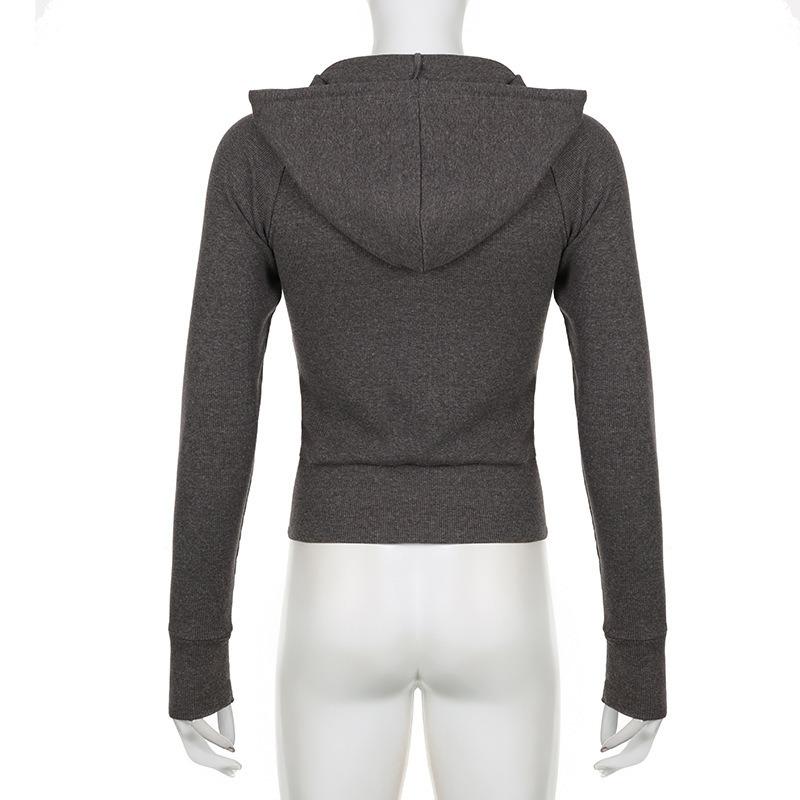 Gray Street Style Zip Up Hooded Sweatshirt Slim Fit Women S Casual Top