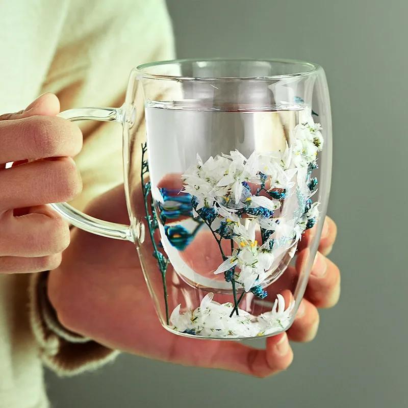 Double Layered Dried Flower Glass Cup Creative Pattern Mugs High Borosilicate Insulated Cup Kitchen Drinkware Home Accessories