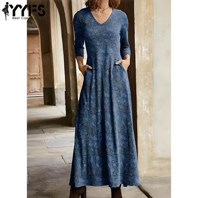 Women's Fashion Spring Fall Long Sleeve V Neck Casual Dresses