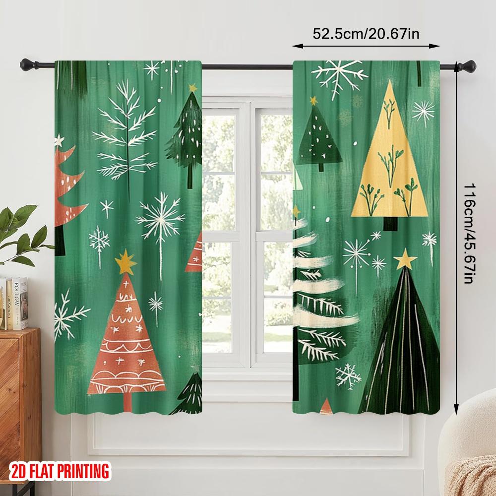 2pcs,2D Plane Printing Curtain Popular Festive Green Christmas Trees Snowflakes Polyester Woven (without Rod) Decorations