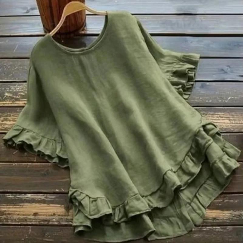 Plus Size Women's Solid Color Casual Short Sleeved Round Neck T-Shirt Ladies Ruffled Hem Women's Back Button Up Top