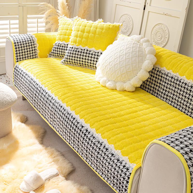 Sofa Cushion Plush Luxury Wind Four Seasons General Simple Modern Non-slip Houndstooth Mat Autumn and Winter Cushion Cover.
