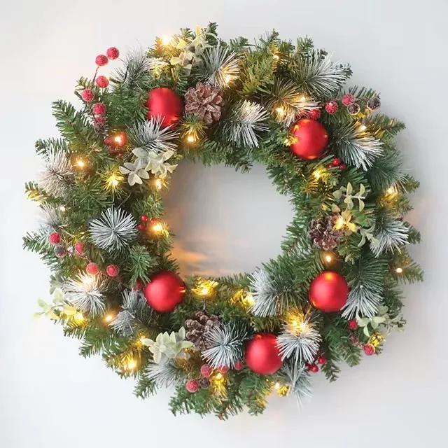 LED Red Christmas Wreath with PVC Fruit, Elegant Holiday Decor for Window Door Wall, Indoor Home Halloween Gift Decoration