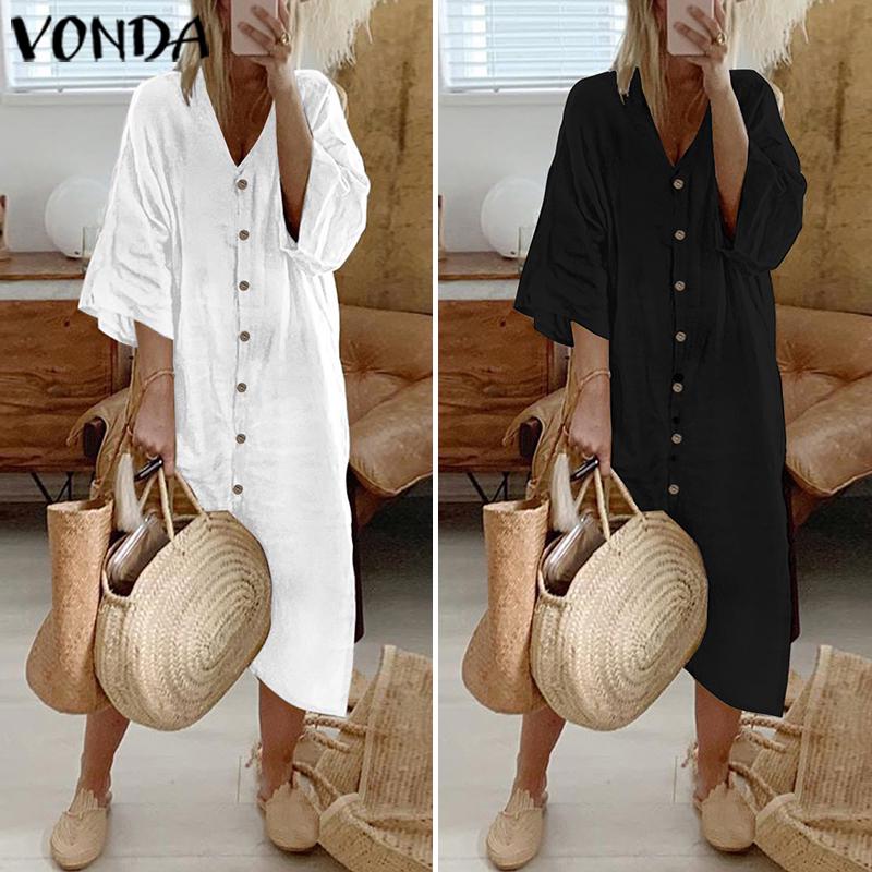 Buy VONDA Women's Loose Casual Button Long Dress Beach Summer Solid
