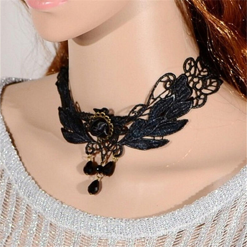 Fashion Women's Black Rose Teardrop Bead Pendant Lace Choker Lolita Collar Necklace
