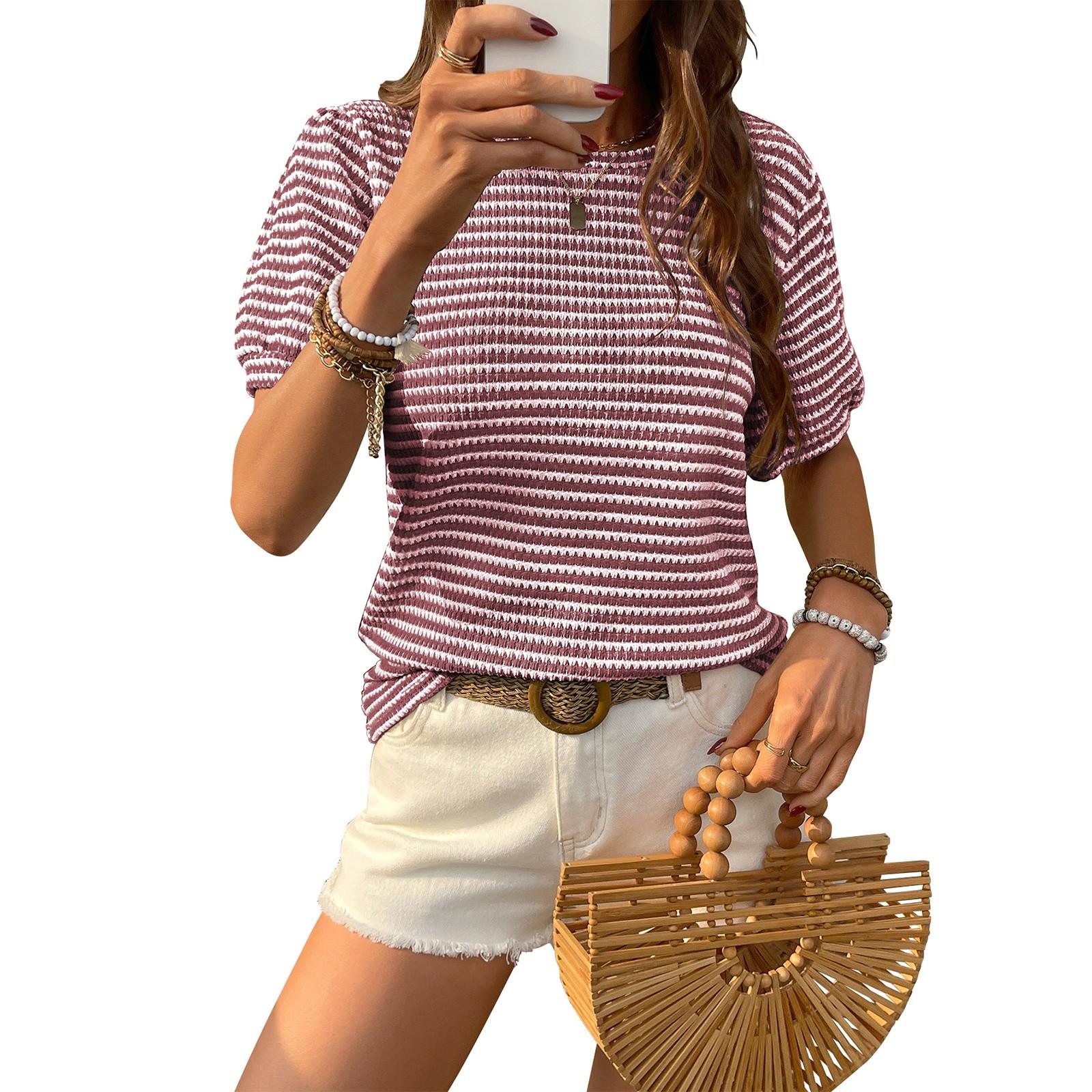 

Женский модный свитер с круглым вырезом и короткими рукавами в полоску XL винный