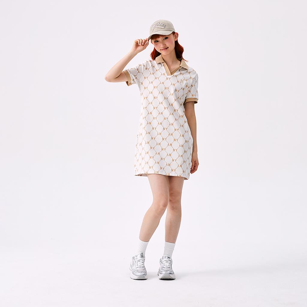 New MLB MONOGRAM Collection New York Yankees SS25 Short Sleeved Dress Women's Ivory White 3FOPM0453-50IVS