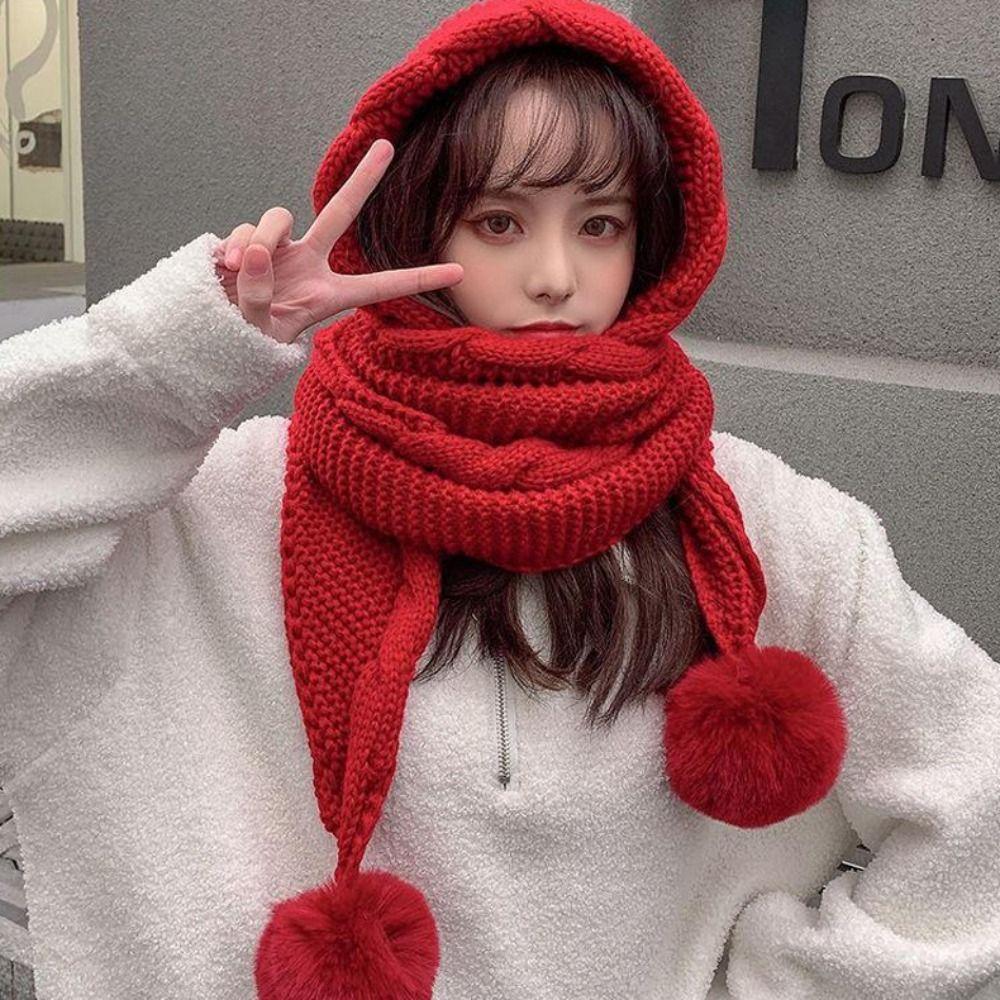Winter Knitted Hat Cold Protection Fur Ball Warm Caps Women Hooded Scarf Hat