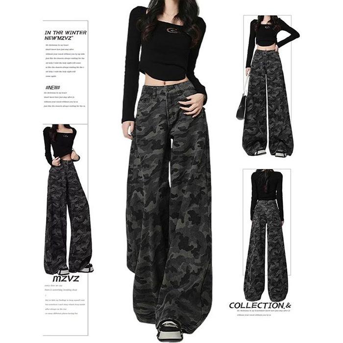 

American retro camouflage wide-leg jeans women s autumn 2025 new loose straight high-waisted large-size tooling pants 4XL