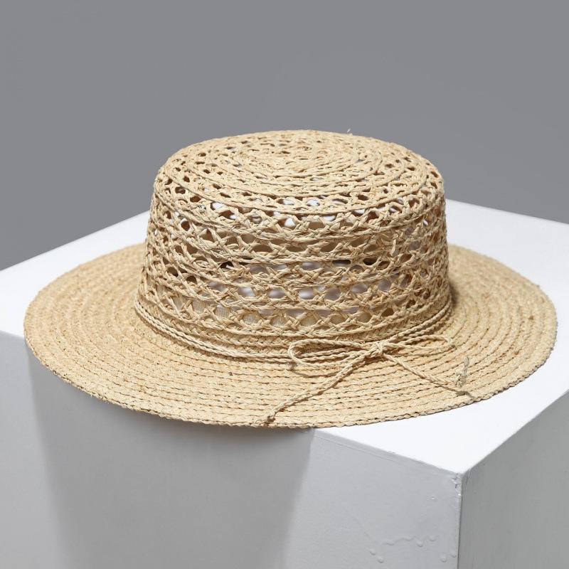 Hollow Bow Flat Top French Raffia Straw Hat Women's Summer New Top Hat French Seaside Sand Shows Small Face