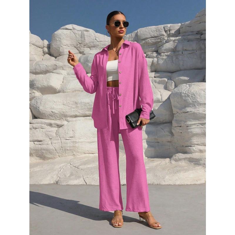 Women's Fashion Solid Color Collar Button Long Sleeve Top Elastic Waist Straight Pants Casual Set