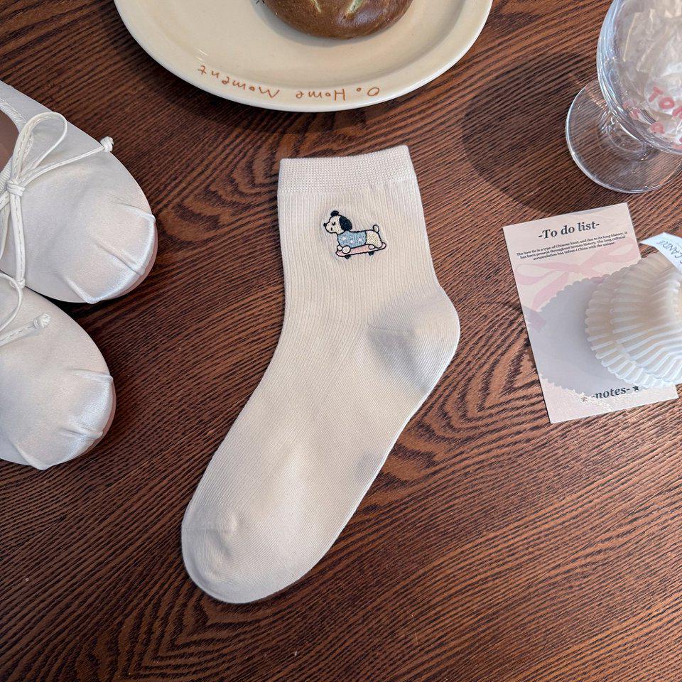 Korean Style Thin Cartoon Puppy Embroidered Mid-Calf Socks for Girls - Breathable Mesh, Seamless Ruffle Design