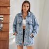 Veste en jean pour femme, veste en jean boutonnée à manches longues avec poches, veste en jean mi-longue ample déchirée et usée
