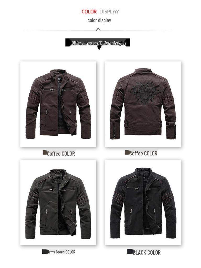 Men's Fleece-lined Suede-feel Embroidered Leather Jacket for Autumn/Winter Motorcycle Trend