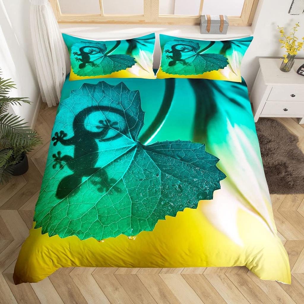 Eidechse Reptilien Bettbezug Geschenk für Jungen Mädchen Lustiges Gecko Bettwäscheset Full Queen Mikrofaser Niedliches Tiermotiv Bettdeckenbezug