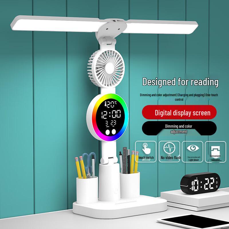UOSU LED-Augenschutz-Schreibtischlampe mit Uhr & Ventilator