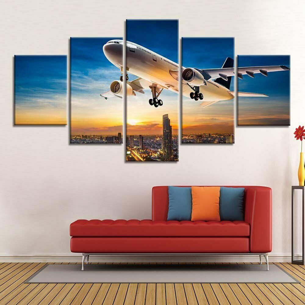 5Pcs Airplane Sunset Skyline Decor 5 Pieces Paintings Poster HD Print Home Decor 5 Panel Room Decor Canvas Wall