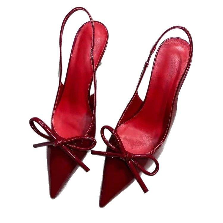 Wedding shoes high heels women's spring 2025 new bag head pointed head thin heel bow French temperament single shoes red