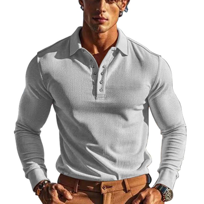 New Men's T-Shirt: Waffle Weave Casual Collared Button-Down Slim-Fit Long-Sleeved Polo Shirt