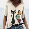 Women's T-shirt Cartoon Cat Print Summer V-neck Kawaii Fashionable Casual T-shirt Short Sleeved Shirt