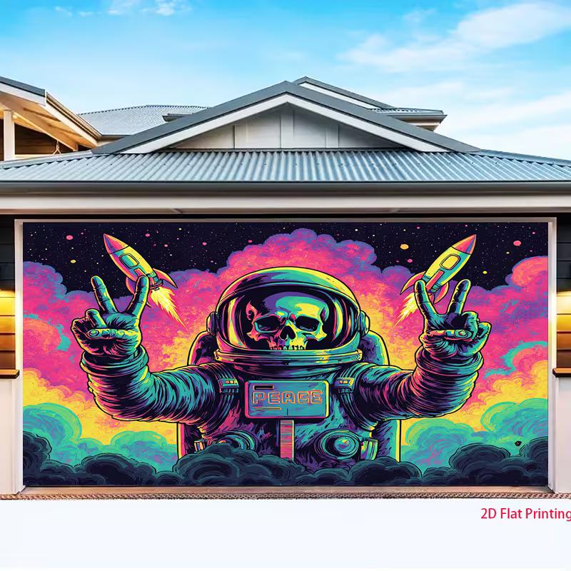 2D Colorful Neon Spaceman Background Cloth, Skull Astronaut Garage Door Banner for Outdoor Decor 47.2x31.5inch/120*80cm