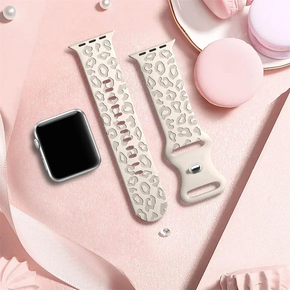 Leopard Engraved Straps For Apple Watch Band 45mm 44mm 49mm 41mm 46 40mm Correa Bracelet Iwatch Series 10 9 8 7 SE 6 5 3 Ultra 2