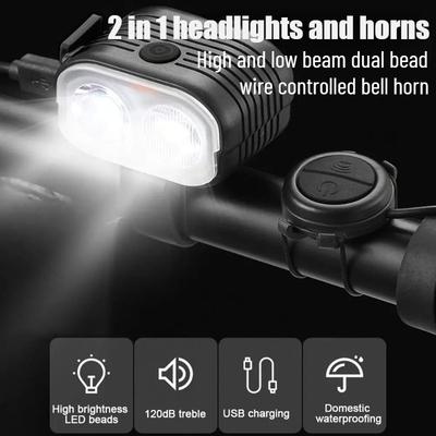 Bicycle Headlight Horn 2-In-1 Bike Near And Far Light 2 Lamp Beaded Wire Control Bell Horn Mountain Bike Accessory