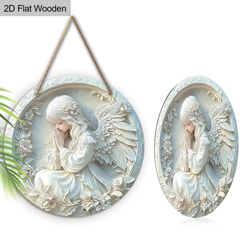 Pretty Angel Wooden Sign - Beautiful Angel Round Sign for Front Door Wall Hanging Decor Ideal Home Hanging Ornament