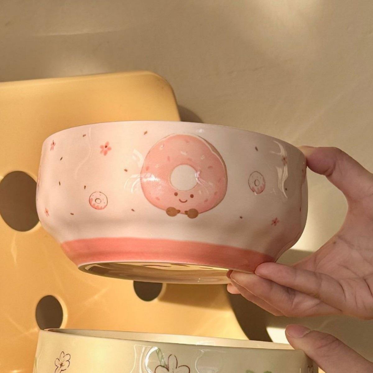 Two-Piece Ceramic Fruit Croissant Noodle Bowl Set - 6-inch, Large Capacity, for Dorms and Homes.