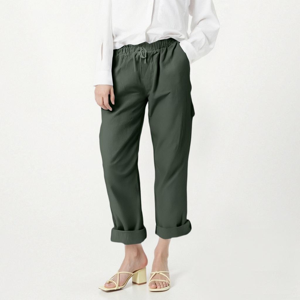 Dampantal, Casual Enfärgade Fickbyxor Elastisk Midja Löst Rakt Ben