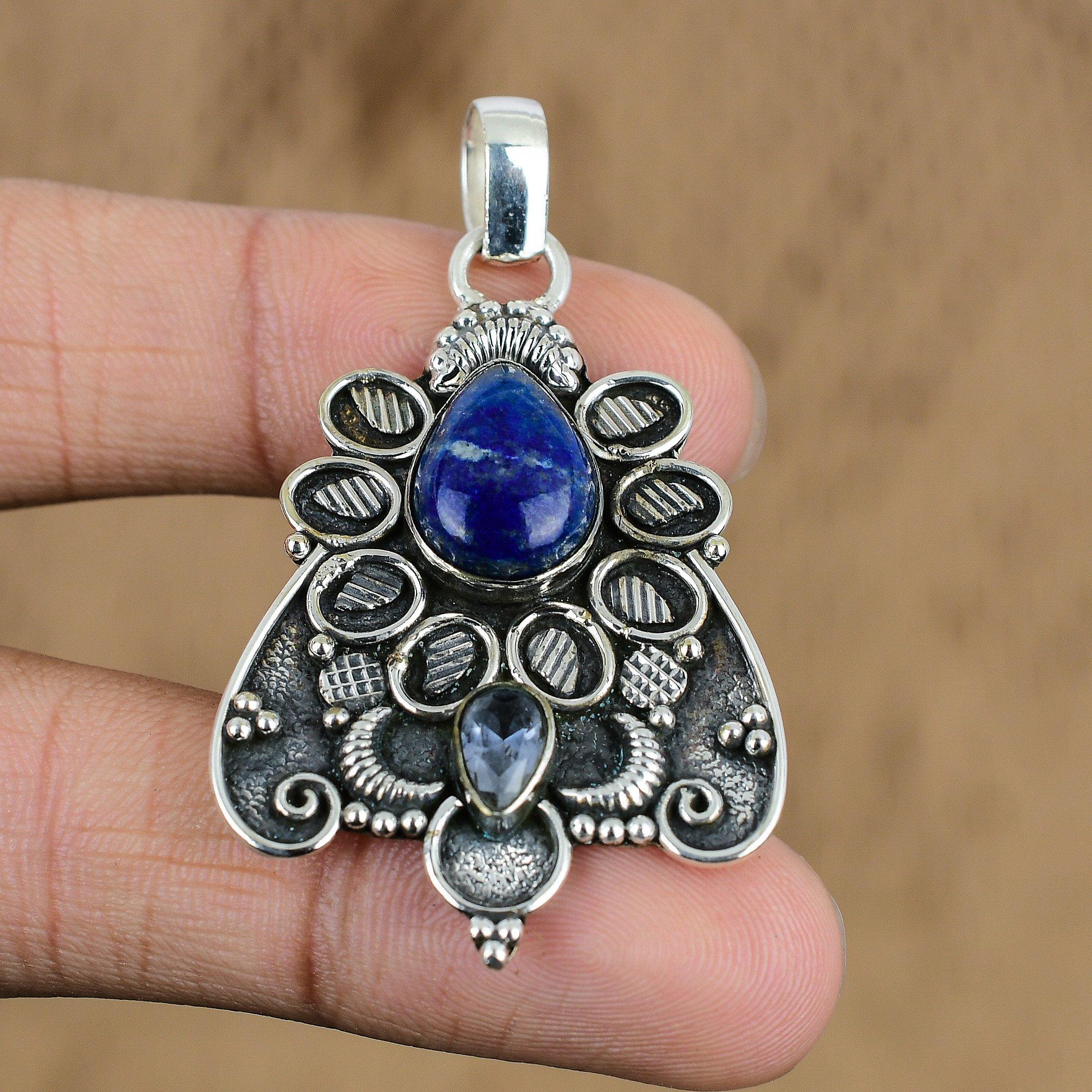 

Natural Sodalite Gemstone Pendant Blue 925 Sterling Silver Indian Jewelry