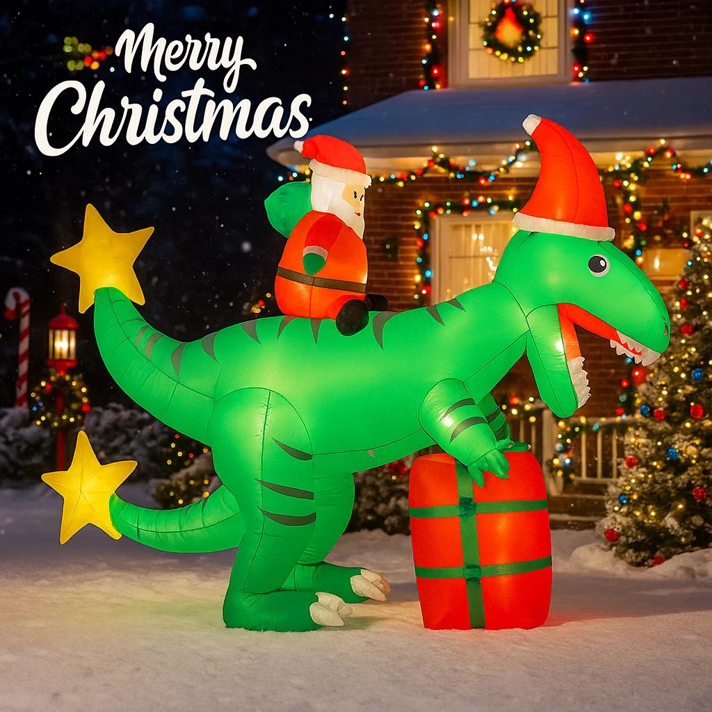 7.87FT Christmas Inflatable Toys Xmas Yard Lawn Party Decoration Santa Dinosaurs Toy Home Supplies Ornaments Gift with LED Light