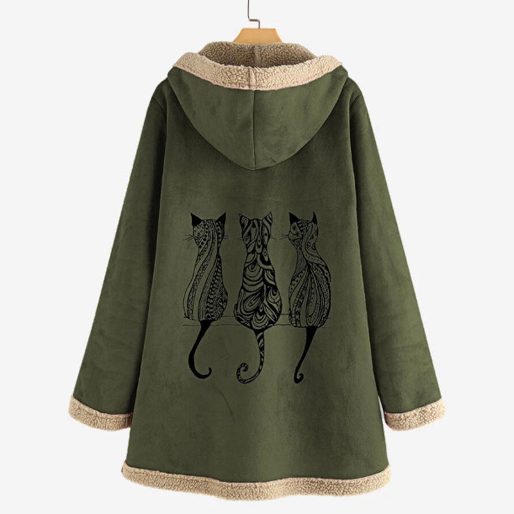 Women Vintage Cat Print Fleece Hooded Zipper Plus Size Long Sleeve Thick Coat