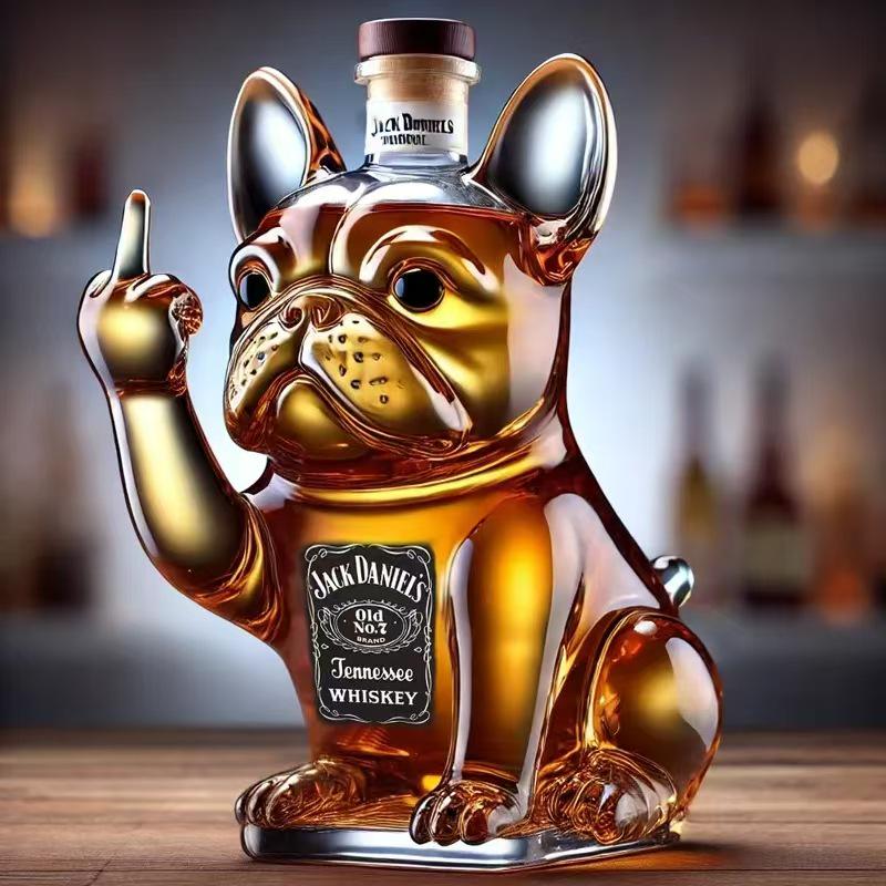 Transparent Glass French Bulldog Red Wine Bottle, Irregular Shape, Sealed for Whiskey/Vodka.