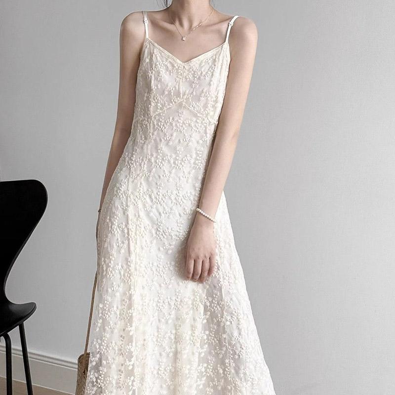 Camisole Dress Summer Lace Sexy Embroidery Crushed Flower Skinny Peplum Vacation Seaside Beach Dresses