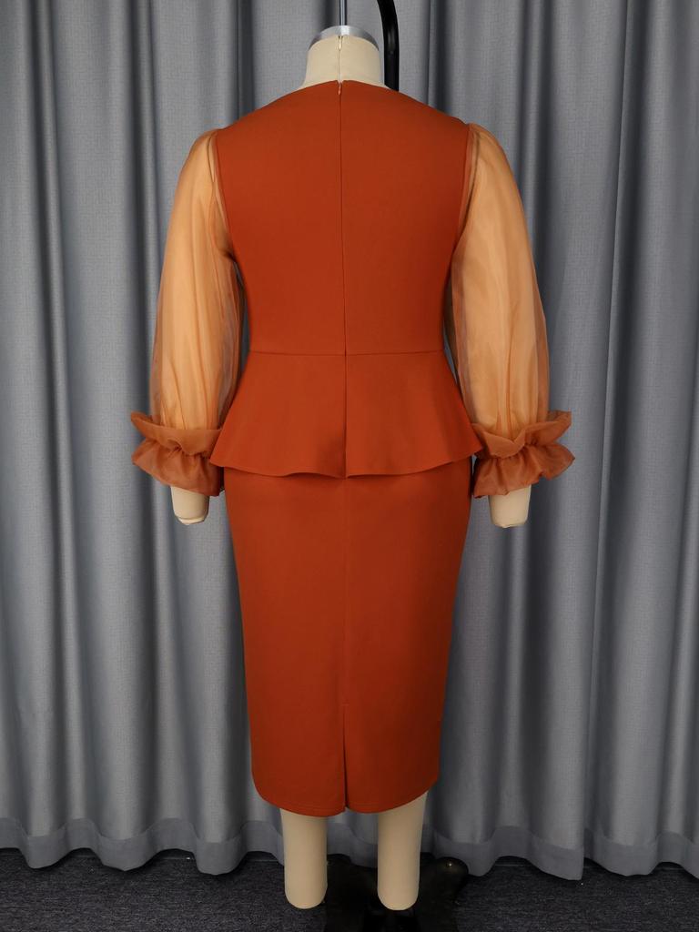 Plus Size Elegant Waist-Cinched Ruffle Dress with See-Through Sleeves - Slimming, Hip-Hugging, Perfect for Formal and Commuting Occasions.