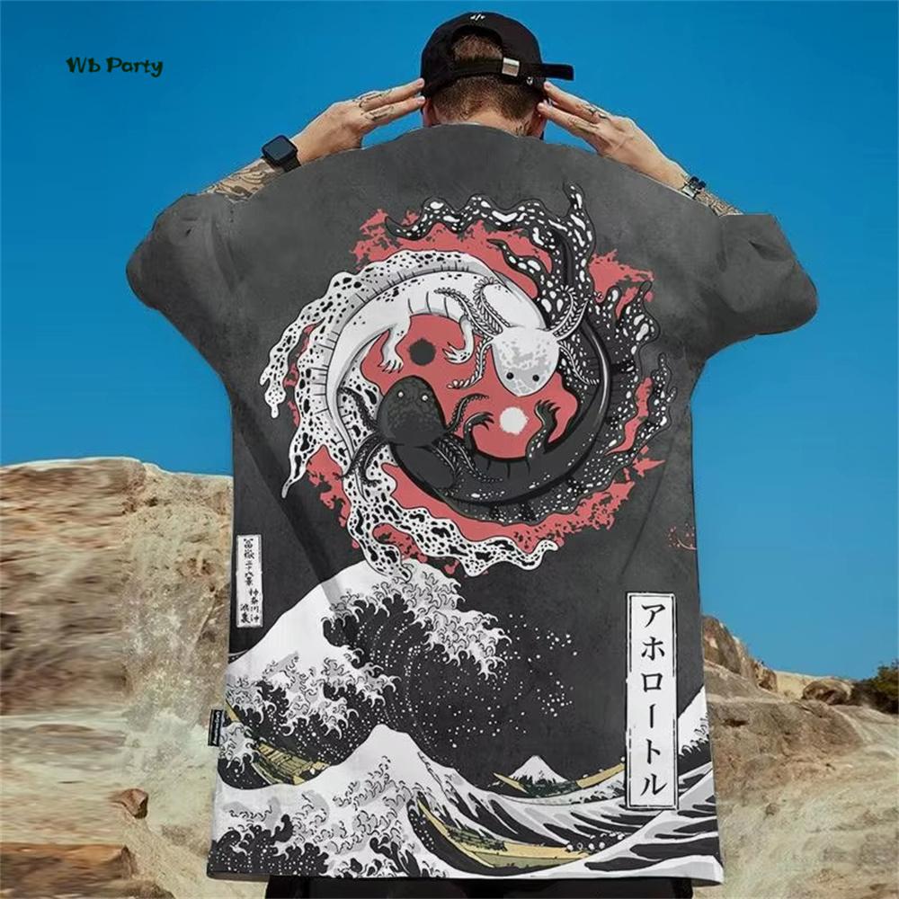Japanese Ukiyo-E Men's T-Shirt Yin Yang Fish Printed Short Sleeve T-Shirt Oversized Casual Tops Summer Fashion Outdoor Clothing