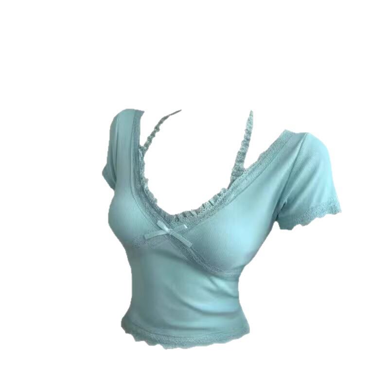 Lace lace neck top women's summer new pure desire Spice Girl V-neck short-sleeved bottoming shirt short bow T-shirt
