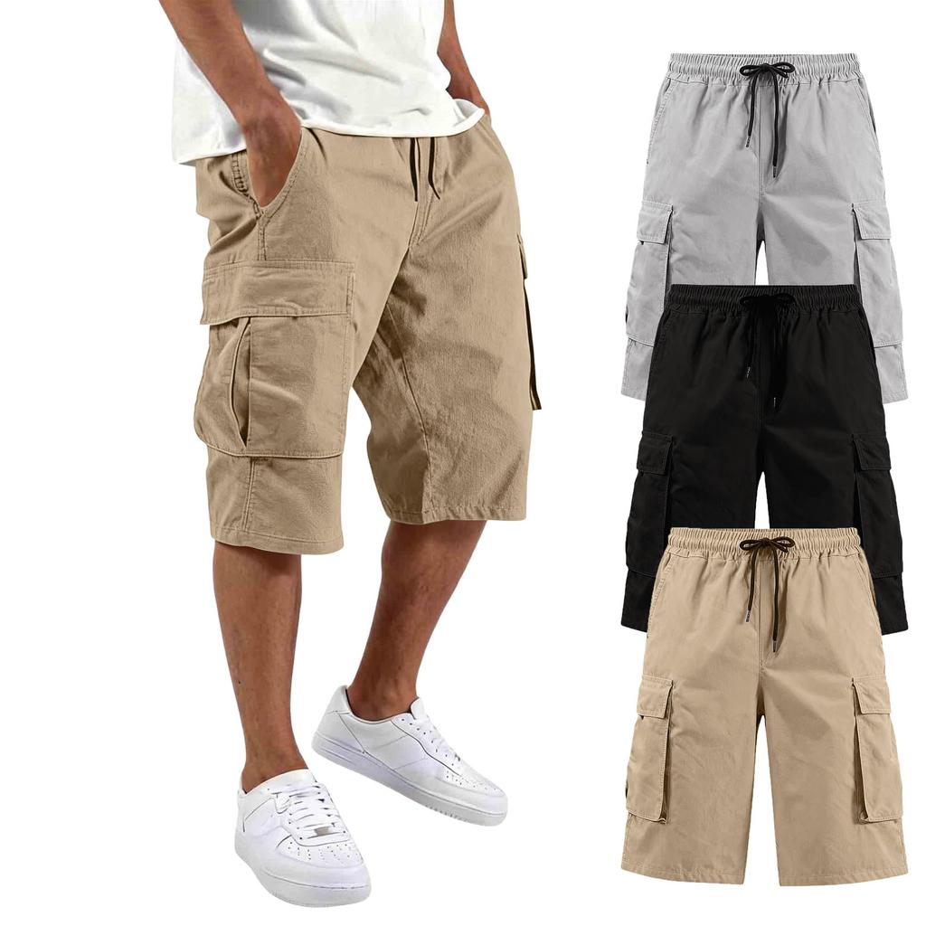 Mens Cargo Shorts 3 Pack Multi Pocket Drawstring Waist Relaxed Fit Knee Length Workwear Shorts for Daily Wear