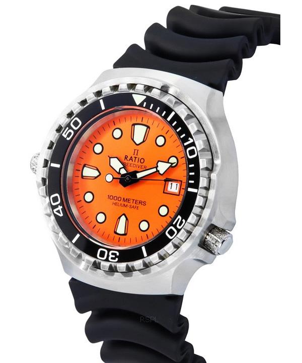 RATIO FreeDiver Helium Safe Zafiro Cuarzo Esfera naranja 1038EF102V-ORG Reloj 1000M para hombre