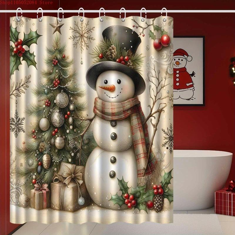 jit1pc vintage christmas snowman shower curtain christmas - With Hooks Waterproof Mildew Proof Easy Install Washable