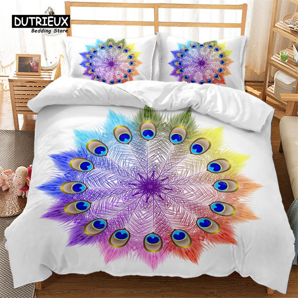 Peacock Feather Bedding Set Peacock Duvet Cover Set Single Double King For Adult Women Microfiber Comforter Cover Bedroom Decor